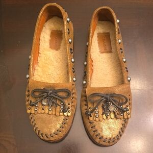 Coach Metallic Gold Loafers with Fringe and Studs